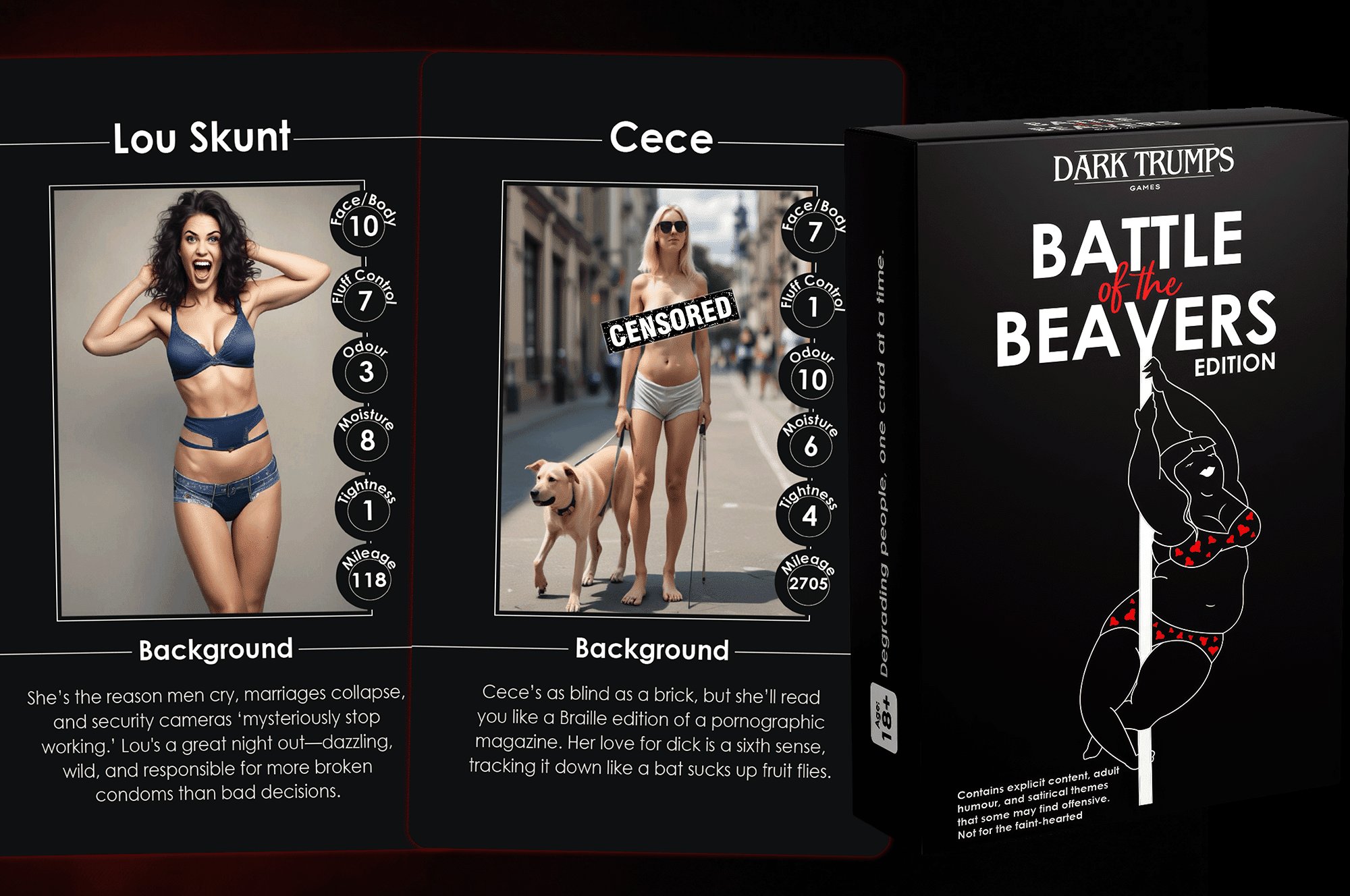 Dark Trumps Battle of the Beavers — box and example cards, censored